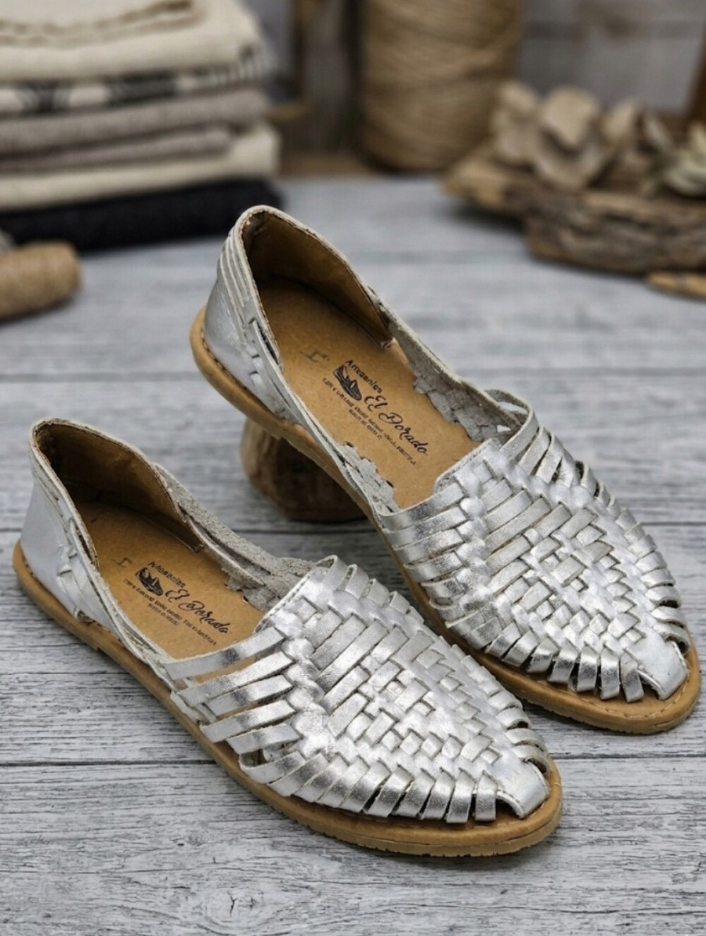 Artesanias El Dorado Silver Leather Huarache Sandals Woven Flat Mules Size 7-7.5